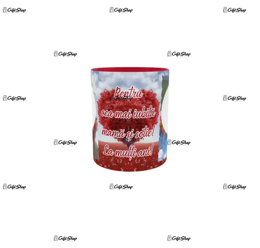 Pentru cea mai iubita mama si sotie, cana din ceramica, 330ml, personalizata cu 2 poze si text model 3371